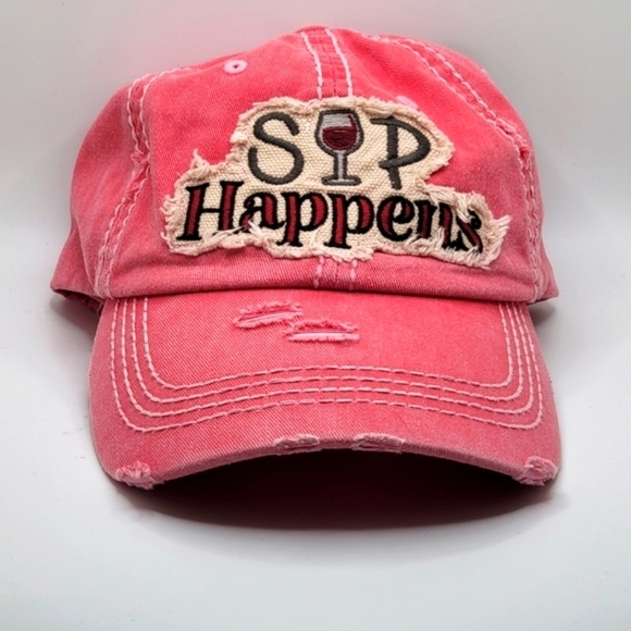 Distressed Pink Statement Ball Cap "SIP Happens" - Picture 1 of 8